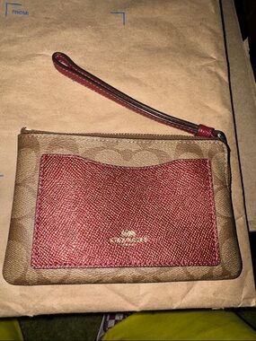 Coach Brown Signature Canvas Wristlet with Red Leather Pocket